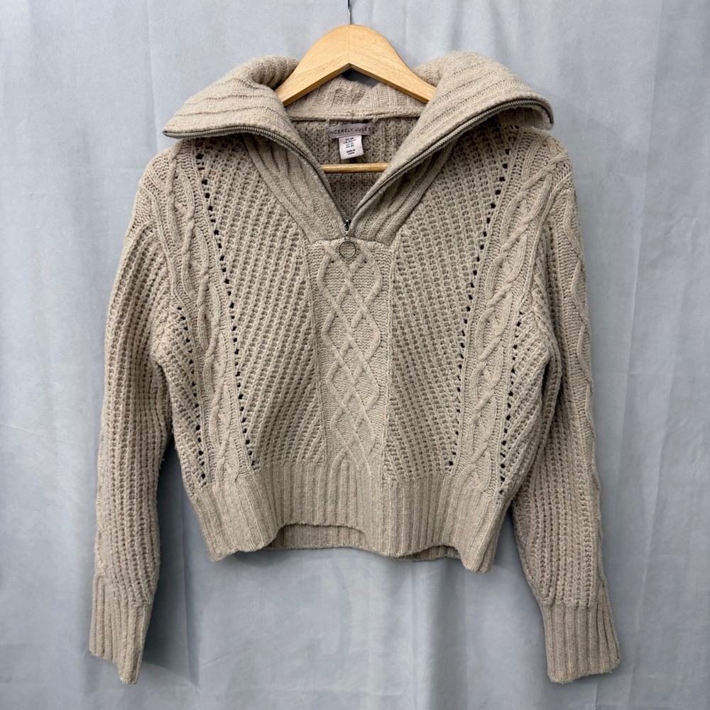 Cozy Cottagecore Womens Beige Cable Knit Quarter Zip Sweater XS Oatmeal Cropped